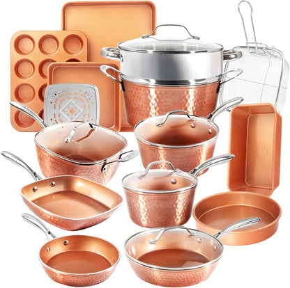 Hammered 20Pc Pots and Pans Set Non Stick Ceramic Cookware Set | Deep Frying Pan & Bakeware Set Included, Non Toxic PFOA/PFOS/PTFE Free, Induction Compatible, Oven & Dishwasher Safe1