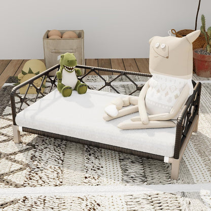 Small Dog Bed, Waterproof Elevated Dog Couch with Washable Removable White Cushion, Boho Rattan Dark Brown Wicker Orthopedic Pet Sofa for Outdoor, Indoor9