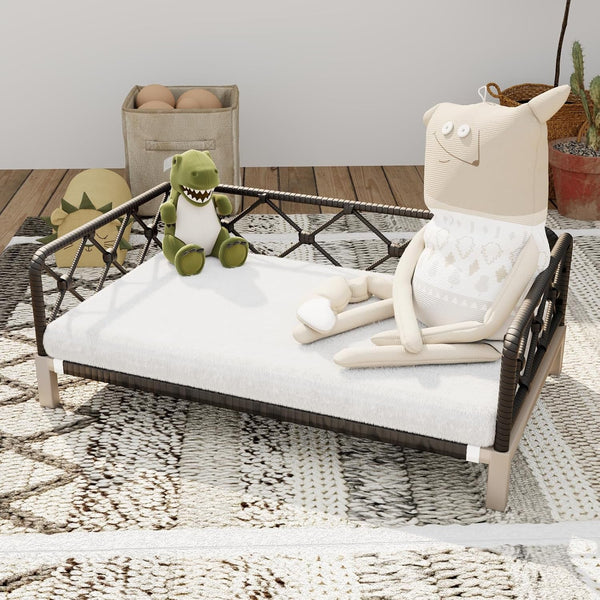 Small Dog Bed, Waterproof Elevated Dog Couch with Washable Removable White Cushion, Boho Rattan Dark Brown Wicker Orthopedic Pet Sofa for Outdoor, Indoor9