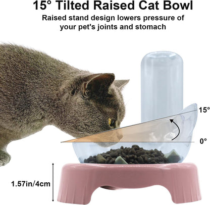 Triple Cat Bowls,15°Tilt 3-In-1 Water Feeder Bowls Cat Double Food Bowls with Automatic Water Bottle Bowl, Whisker Friendly Wet and Dry Cat Elevated Feeding Dishes for Small Cat and Puppy (Pink)4