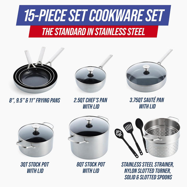 15 Piece Stainless Steel Tri-Ply Cookware Pots and Pans Set, Induction Compatible, Diamond Infused Pfas-Free Ceramic Nonstick, Dishwasher & Metal Utensil Safe, Scratch Resistant, Silver3