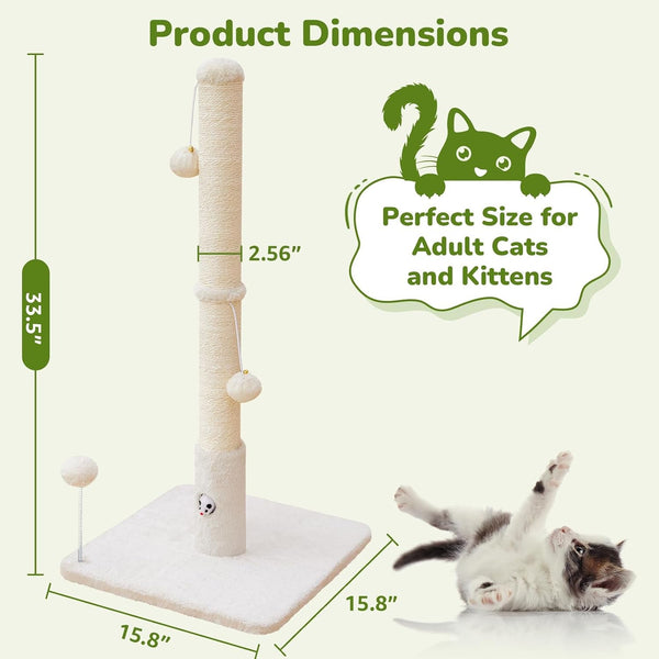 Woochpet 33"Scratching Posts for Kittens,White Sisal Cat Scratcher with Toy | Scratch Post with Mouse Hole,Cat Toys,Reinforced Stable Base,Cat Tree Tower2
