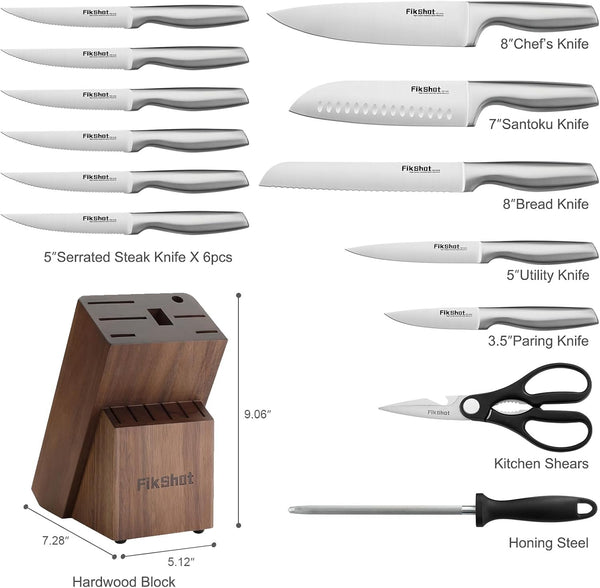14 Pieces Knife Block Set German Stainless Steel with Sharpener | Razor-Sharp Santoku Knives, Fruit & Kitchen Knives, Rust Resistant for Homecooks, BBQ Prep (Silver + Walnut)8