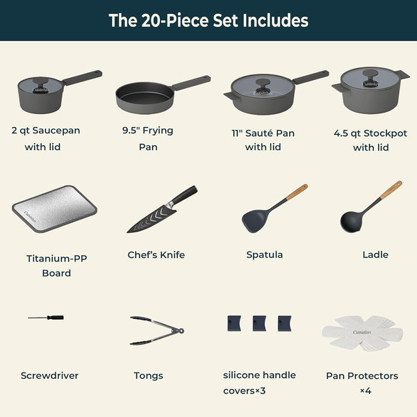 20-Piece Nonstick Cookware Set, Pots and Pans Set with Frying Pan, Saucepan, Sauté Pan & Stockpot, PFOS & PFOA Free, Induction Compatible, Oven & Dishwasher Safe, Grey2