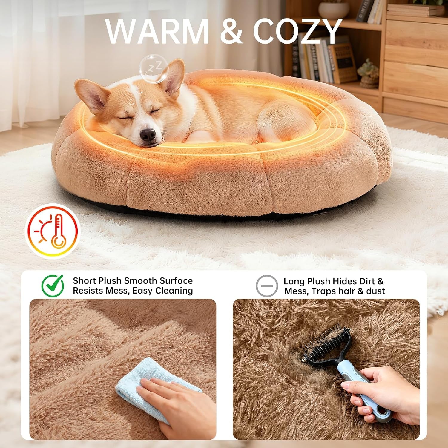 ohgeni-31-inches-calming-donut-orthopedic-dog-cat-bed-for-medium-pets-warming-comfort-fluffy-short-pile-fur-durable-waterproof-machine-washable-removable-cover-cute-round-bed-for-puppy-camel