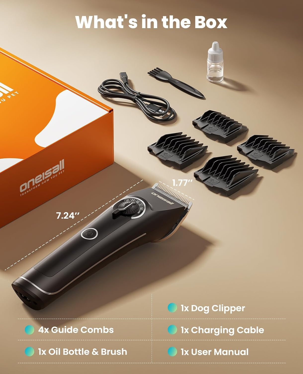 oneisall-dog-clippers-for-grooming-thick-heavy-coats-low-noise-5-blade-lengths-detachable-blade-fits-wahls-3379-3332-3339-metal-guards-long-battery-life-high-speed-4-guide-combs