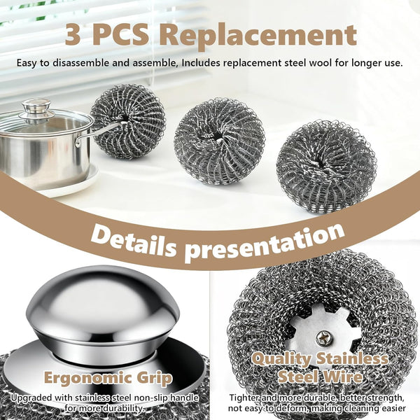 Steel Wool Scrubber, 4-Pack Stainless Steel Scrubber Pads with Handle - the Ultimate Scouring Solution for Rust, Stubborn Messes on Cookware, Grill, Oven & Kitchen Sinks2