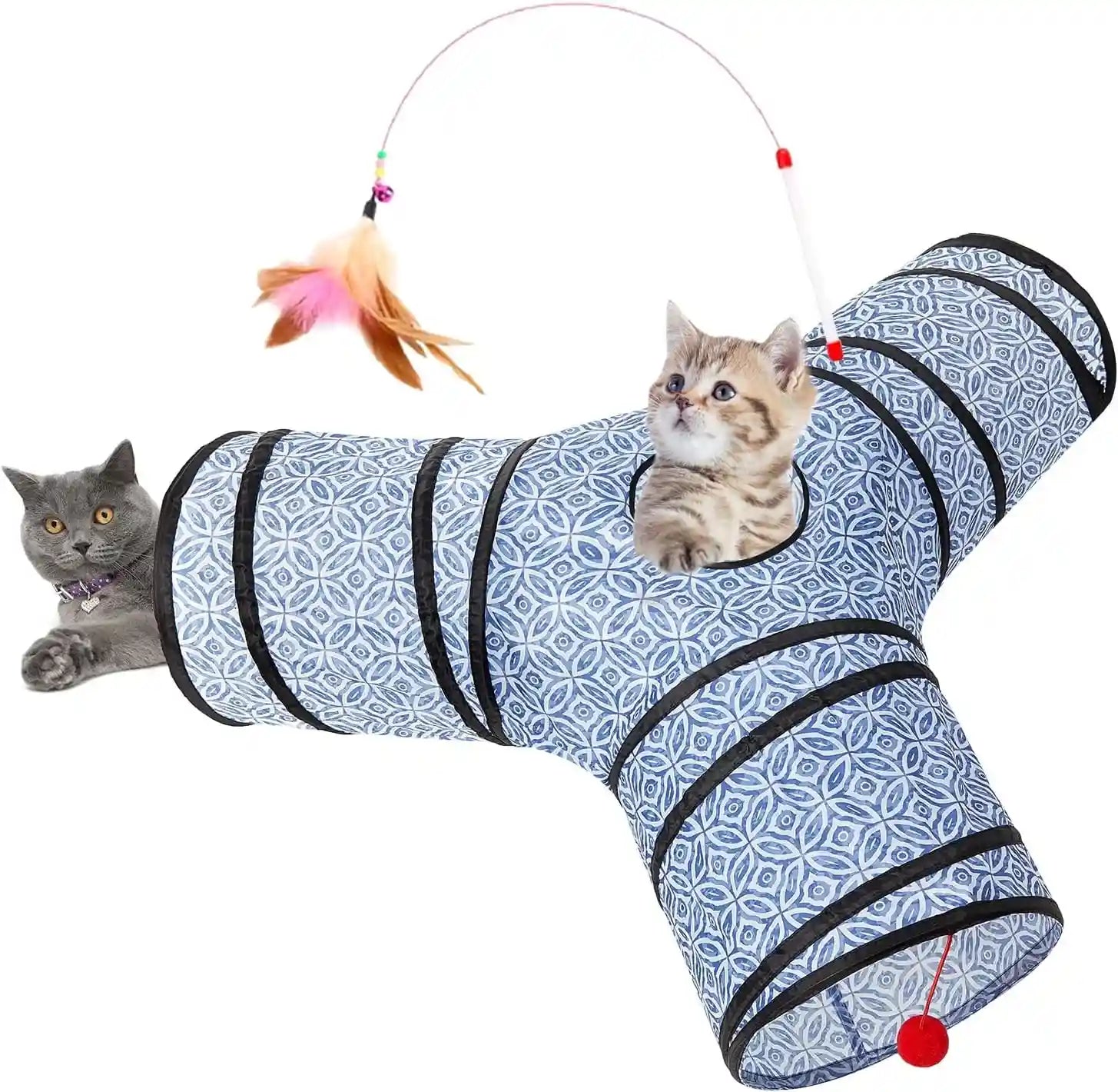 tempcore-pet-cat-tunnel-tube-toys-3-way-collapsible-tunnels-for-indoor-cats-interactive-tube-with-teaser-wand-peek-holes-hanging-ball-black-blue