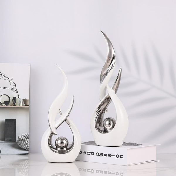2 PCS White Silver Ceramic Statues for Home Decor Accents, Modern Abstract Art Sculptures, Elegant Tabletop Decorative Objects for Dining Room, Entryway, Tv Stand, Mantel, Coffee Table Centerpieces4