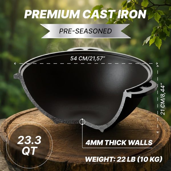 Kazan Uzbek Cast Iron Kazan for Plov Making Cookware Insulated Double Handle Pan Wide Mouth Cast Iron Dutch Oven, Outdoor Cooking Frying Pot, Lodge Cast Iron Skillet, 22 L6