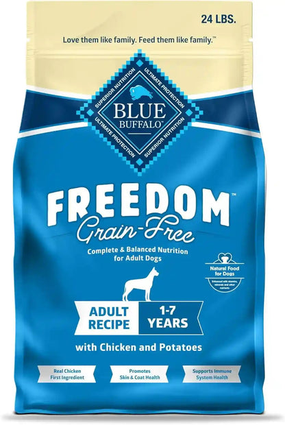Blue Buffalo Freedom Grain-Free Dry Dog Food, Complete & Balanced Nutrition for Adult Dogs, Made in the USA with Natural Ingredients, Chicken & Potatoes, 24-Lb Bag1