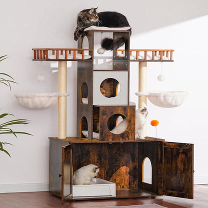 Heybly Cat Tree with Litter Box Enclosure for Indoor Big Cat, Cat Tower for Large Cats 20 Lbs Heavy Duty, Modern Cat Condo Furniture with Scratching Posts, Rustic Brown HCT110SR2