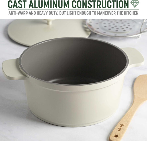 All-In-One Pot, Multilayer Nonstick, High Performance Cast Dutch Oven with Matching Lid, Roasting Rack and Turner, Made without PFOA, Dishwasher Safe Cookware, 4.7-Quart, Linen7