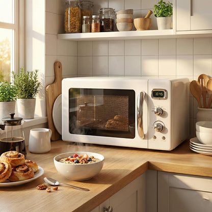 Retro Countertop Microwave Oven,  Compact Microwave Oven 0.9 Cu.Ft. W/Child Lock, 5 Micro Power, Defrost & 8 Auto-Cooking, LED Display, Easy Clean Interior, White, 900 W2