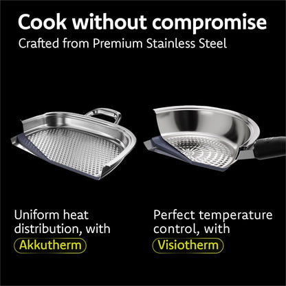 A by AMC - Foundation+ Stainless Steel Cookware Set - 11" Fry Pan + 3.7 Qt Rondeau + 6.9 Qt Stock Pot + 12.6" Grill Pan + 2.4 Qt Saucepan+Steam Lid + Steamer Basket & Stackable+2 Cooking Assistants3