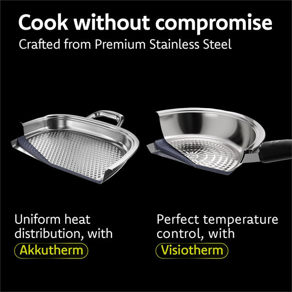 A by AMC - Foundation+ Stainless Steel Cookware Set - 11" Fry Pan + 3.7 Qt Rondeau + 6.9 Qt Stock Pot + 12.6" Grill Pan + 2.4 Qt Saucepan+Steam Lid + Steamer Basket & Stackable+2 Cooking Assistants3