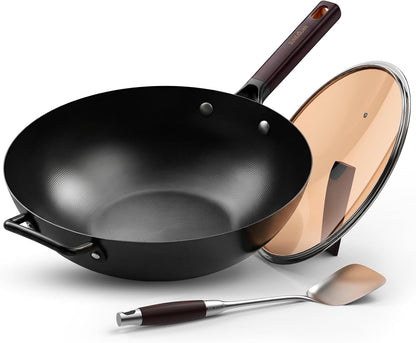 13.5" Carbon Steel Wok Pan - Pre-Seasoned Flat Bottom Woks & Stir-Fry Pans Chinese Cookware with Lid & Spatula - for Pan-Fry,Stir Fry, Steam, BBQ & Camping - Compatible with Induction, Gas1