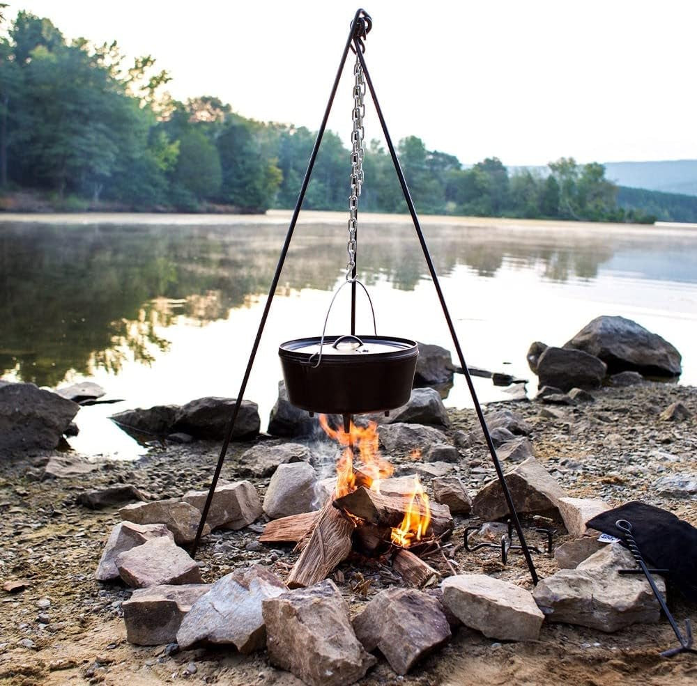 steel-adjustable-camp-cooking-tripod-60-inches-black-adjustable-steel-campfire-cooking-tripod-for-suspending-dutch-ovens-pots-or-cookware-over-an-open-flame