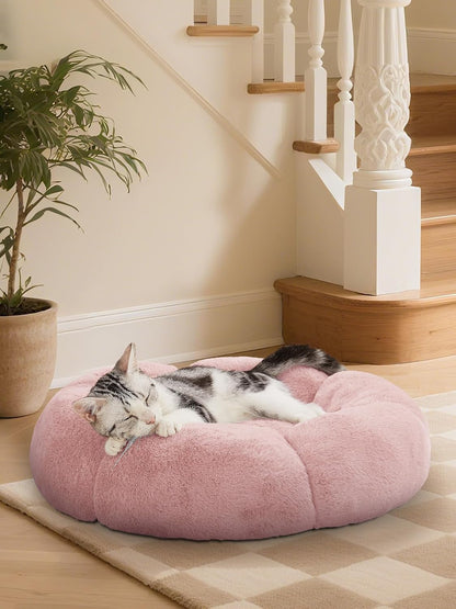 Ohgeni 31 Inches Calming Donut Orthopedic Dog & Cat Bed for Medium Pets, Warming Comfort Fluffy Short Pile Fur, Durable Waterproof Machine Washable Removable Cover, Cute round Bed for Puppy, Camel11