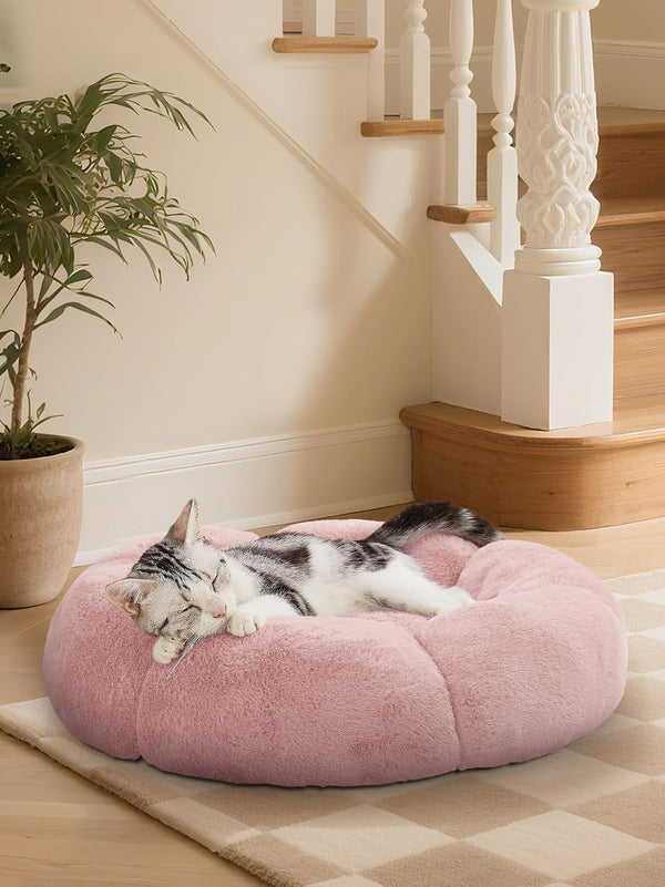 Ohgeni 31 Inches Calming Donut Orthopedic Dog & Cat Bed for Medium Pets, Warming Comfort Fluffy Short Pile Fur, Durable Waterproof Machine Washable Removable Cover, Cute round Bed for Puppy, Camel11