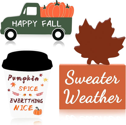 Fall Decor Fall Decorations for Home 4Pcs Wooden Coffee Cup Maple Leaf Car Sweater Weather Sign Farmhouse Table Tiered Tray Decor Thanksgiving Decorations6