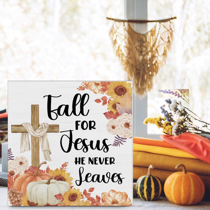 Fall Decor Religious Cross Pumpkins Decorations Fall for Jesus He Never Leaves Wooden Sign Rustic Home Decor 5 X 5 Inches4