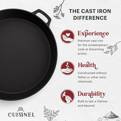 Cast Iron Skillet + Chainmail Scrubber Cleaner - 17"-Inch Dual Handle Braiser Frying Pan + Silicone Handle Covers - Pre-Seasoned Oven, Grill, BBQ, Stovetop, Fire Cookware - Indoor/Outdoor Use2