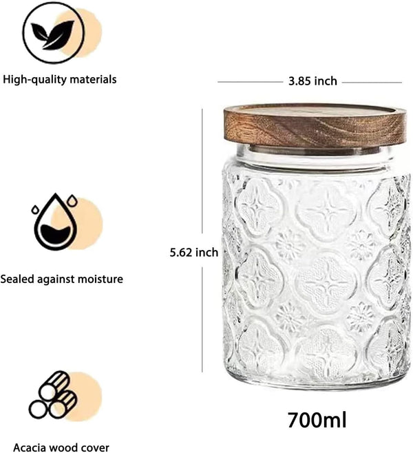 Vintage Glass Kitchen Storage Counter Jar, Kitchen and Pantry Glass Storage, with Airtight Wood Lid for Cookies, Candy, Coffee Tea Beans, Grains,Food Storage Containers (Plum-Pattern*2)2