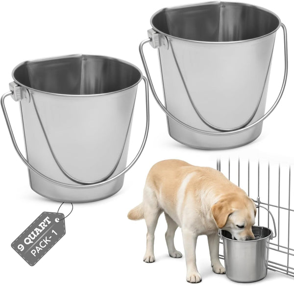 Flat Side Stainless Steel Bucket 2 Quart Hanging Feeding Utility Pail for Small Dog Cat Birds, Fits Kennel Cage Compatible, Heavy Duty Food & Water Feeder, 0.5 Gallon Silver Bucket 4 Pack10