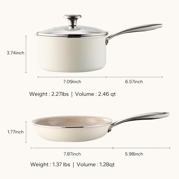 Nonstick Mini Cookware Set, 8"Ceramic Fry Pan 2.5Qt Sauce Pan with Lid, Fryingpan & Pots Set, Induction Compatible, Nontoxic, Oven Dishwasher Safe, PTFE & PFOA Free, Beige6