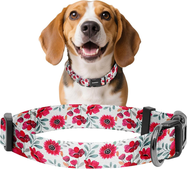 Kazazoo Dog Collar Cute and Soft Nylon Puppy Collar Girl Dogs, Adjustable Purple Dog Collars for Medium Dogs, Purple Flowers-M36