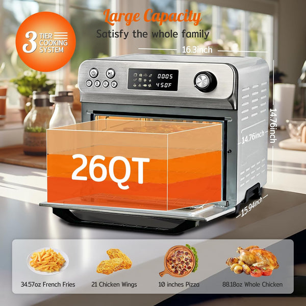 Air Fryer Toaster Oven Combo, 26Quart 10-In-1 Extra Large Countertop Convection Oven with LED Display Knob Control, 1800W Stainless Steel, Less Oil, Faster Cooking,7 Accessories+Recipe4