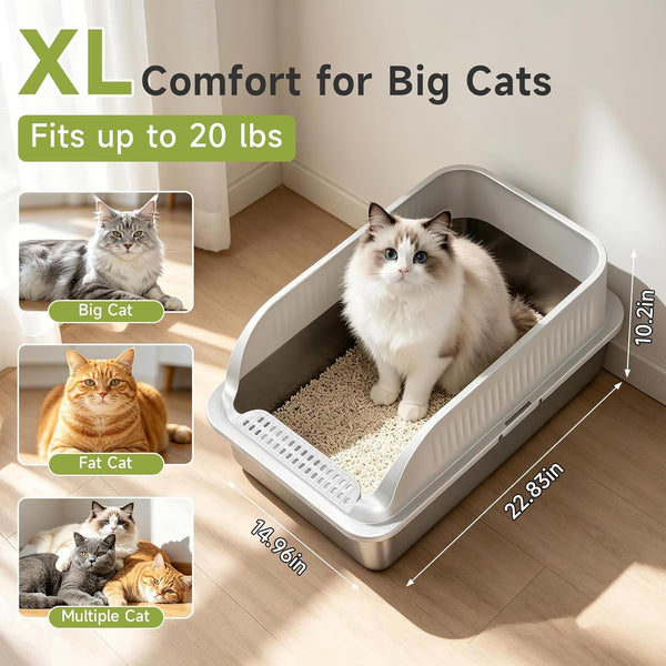 Stainless Steel Cat Litter Box with Lid, XL Metal High Sided Litter Box | Odor Free Open Top Litter Pan Easy Cleaning Anti-Urine Leakage Non-Stick Includes Scoop Light Grey2