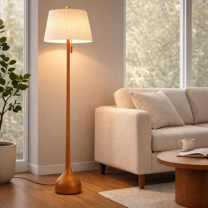 Mid Century Modern Real Wood Floor Lamp with 2 Shades for Two Looks | 65" Tall,Sculptural Teardrop Base,Wooden Pull Chain,Vintage Standing Lamp,Linen Shades,Living Room,Bedroom, Bulb Included1