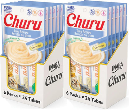 INABA Churu Cat Treats, Grain-Free, Lickable, Squeezable Creamy Purée Cat Treat/Topper with Vitamin E & Taurine, 0.5 Ounces Each Tube, 4 Tubes, Tuna with Salmon Recipe31