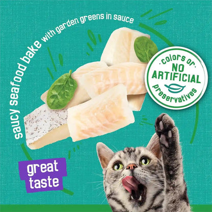 Purina Friskies Indoor Cat Food Meaty Bits Saucy Seafood Bake with Garden Greens in Sauce - (Pack of 24) 5.5 Oz. Cans4