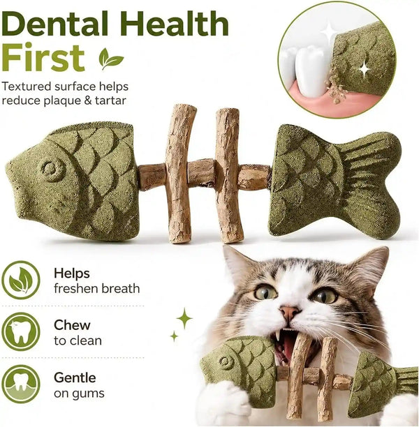 2PCS Catnip and Silvervine Chew, Fish Bone Cat Dental Chew Toy – Natural Wooden Teeth Cleaning Stick for Teething, Boredom Relief & Daily Enrichment3