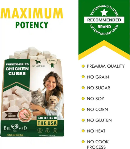 Beloved Pets Dog & Cat Treats Freeze Dried Chicken Cubes 5.3 Oz - All Natural Meat Raw Pet Food - Human Grade High-Protein Snacks & Grain-Free Jerky Chews for Cats and Small Dogs6