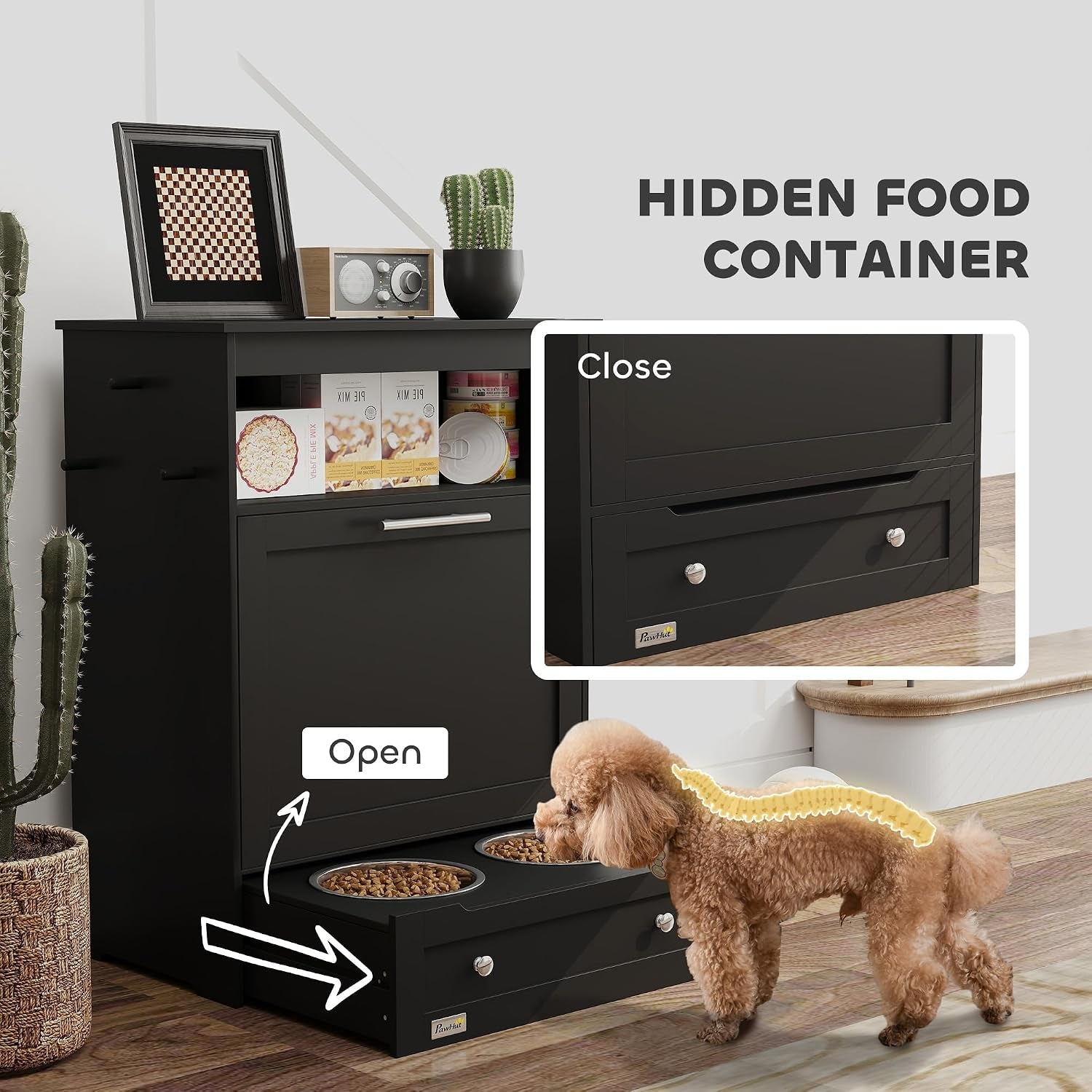 pawhut-dog-feeding-station-with-raised-bowls-pet-feeder-station-black-dog-food-storage-cabinet-hanger-for-feeding-watering-supplies