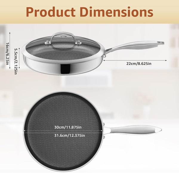 12 Inch Hybrid Nonstick Frying Pan with Glass Lid | PFOA Free | Stainless Steel Skillet | Non-Toxic | Stay-Cool Detachable Handle | Dishwasher and Oven Safe | Induction Ready7