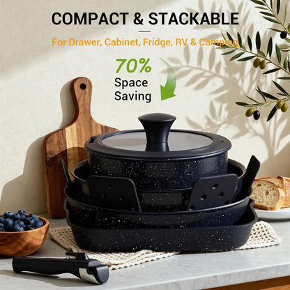 21 Pcs Pots and Pans Set Non Stick with Detachable Handle & Grill Pan, Induction Ceramic Cookware Set, Non Toxic Kitchen Pots and Pans Set for Rvs,Camping, Oven/Dishwasher Safe, Black5