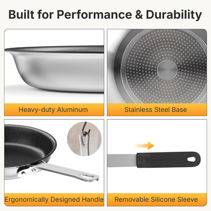 Nonstick Frying Pan, 8 Inch Heavy-Gauge Aluminum Skillet with Ceramic Nonstick Coating & Stainless Steel Base for Induction, Electric, Gas, Oven Safe, Black Hanging Handle | Aluminum Body Even Heating, Steel Handle Silicone Grip, Oven Safe 392°F Sleeve Off, Gas Electric Stovetop5