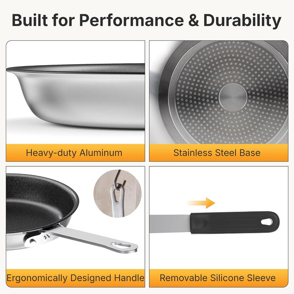Nonstick Frying Pan, 8 Inch Heavy-Gauge Aluminum Skillet with Ceramic Nonstick Coating & Stainless Steel Base for Induction, Electric, Gas, Oven Safe, Black Hanging Handle | Aluminum Body Even Heating, Steel Handle Silicone Grip, Oven Safe 392°F Sleeve Off, Gas Electric Stovetop5