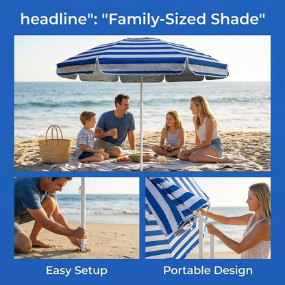 6Ft Beach Umbrella - Heavy Duty Wind Resistant UV 50+ Portable Sun Shade with Sand Anchor & Carry Bag, Outdoor Folding Umbrella for Beach, Pool, Patio, Garden (Blue Strip) No Tilt the Sand Needs to Exceed the Spiral 6Inch3