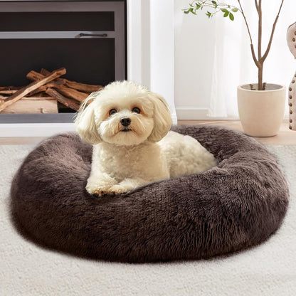 JOLLYVOGUE Small Dog Bed, Calming Dog Beds for Small Dogs & Indoor Cats - 20 Inches Donut Washable Cat Bed for Kittens & Puppies, round Fluffy Plush Faux Fur Pet Beds(Smoke Grey)46