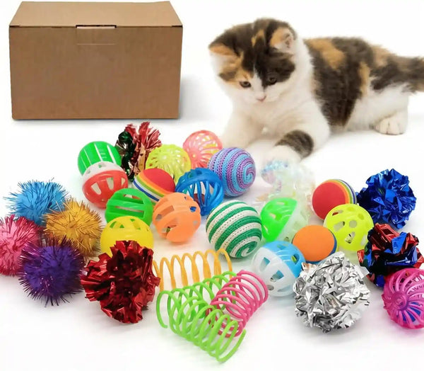 LASOCUHOO Cat Toys Kitten Assortment - Rainbow, Crinkle, Sparkle, Bell & Sisal Balls for All Cats - 30 Packs1
