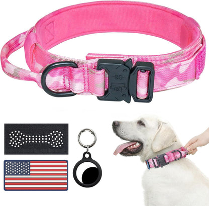 Hotsky Tactical Dog Collar and Leash Set, Heavy Duty Military Airtag Dog Collar with Handle and Metal Buckle for Training and Walking, with Airtag Holder and Two Patches (Pink Camo, M)13
