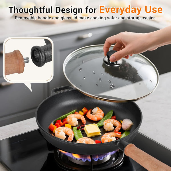 12" Cast Iron Skillets with Removable Wooden Handle, Pre-Seasoned Frying Pan for Stove, Oven, Grill & Campfire Cooking (1, 12")4
