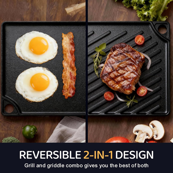 Reversible Grill/Griddle, 16.7X9.5'' Pre-Seasoned Cast Iron Griddle Pan, Double Burner Cookware, Rectangular Stovetop Griddle with Handles, Flat Top Plate for Oven, Grill & Campfire5