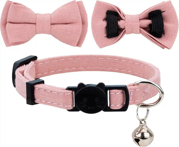 Cat Collar Breakaway Bowtie Safety with Bell Adjustbale Kitten Puppy Solid Plaid Color Set D-[2Pcs] Pink-23
